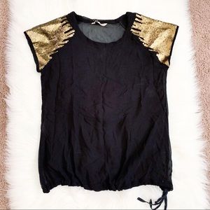Fun & Flirt gold sequin black blouse short sleeve